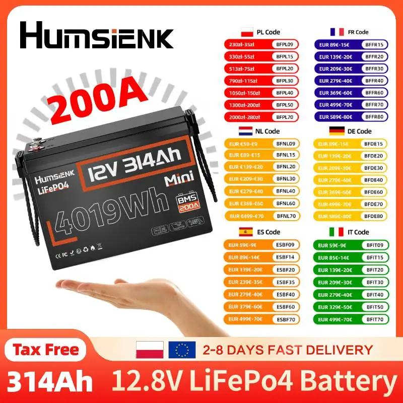 Humsienk LiFePO4 12V 314AH Mini taille batterie intégrée 200A BMS pour Yacht extérieur voiturette de Golf Camping RV système solaire de secours