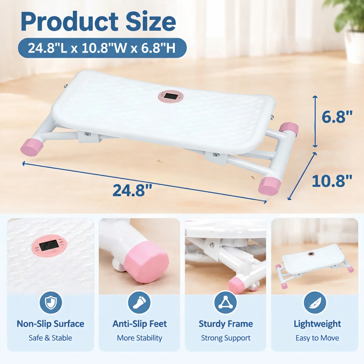 Ski Machine for Home, 6‑in‑1 Rocking Stepper with Resistance Bands, LCD Display, Side to Side Sliding, No Assembly, 300BLS, Full Body Training Wobble Board, Low‑Impact Ski Trainer for Home Gym(White&Pink)