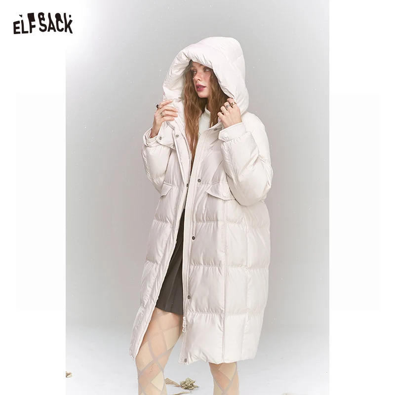 ELFSACK 2024 Winter New Arrivals Sweet Preppy style hooded down jacket for women long warm thick coat