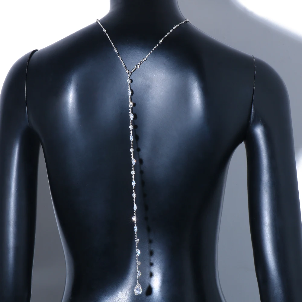 Fashion Water Drop Zircon Bridal Back Necklace Body for Women Wedding Accessories Bling Crystal Back Chain Dress Jewelry Gift