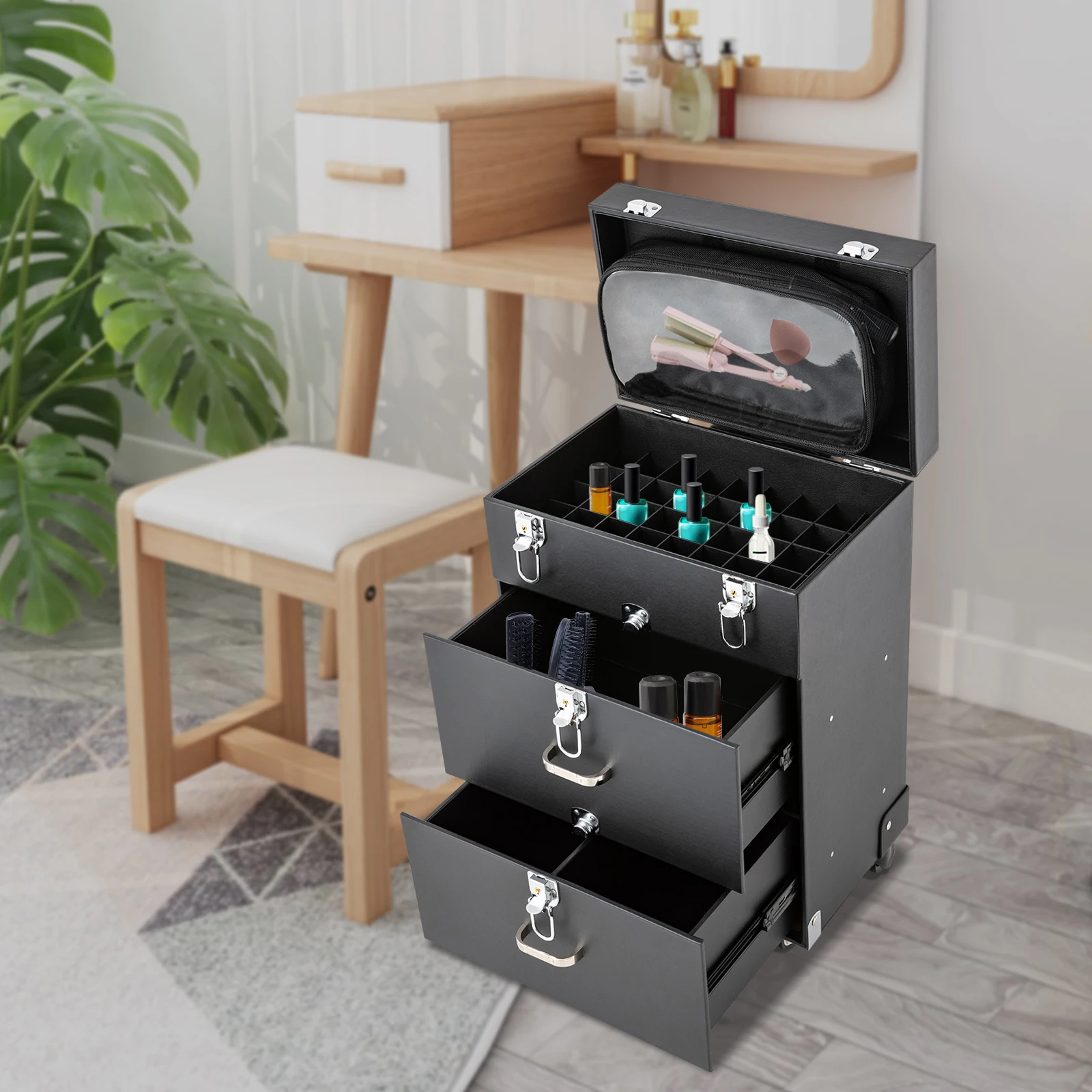 

Чехол для макияжа на колесиках, профессиональный косметичка для татуировки ногтей с колесами на 360°, большой емкости, черный, из полиуретана, дерева, ПВХ, алюминиевый сплав