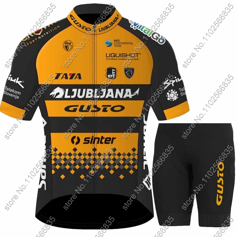 Ljubljana Gusto Team 2024 Cycling Set Men Short Sleeve Slovenia Clothing Orange Road Bike Shirts Suit Bicycle Bib Shorts MTB