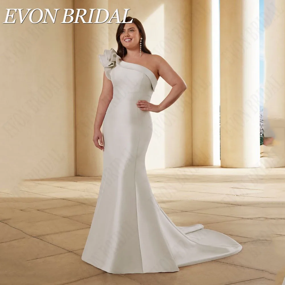 EVON BRIDAL Plus Size Satin Wedding Dress Sleeveless Detachable Train Mermaid One Shoulder Vestidos De Novia Custom Bride Gowns