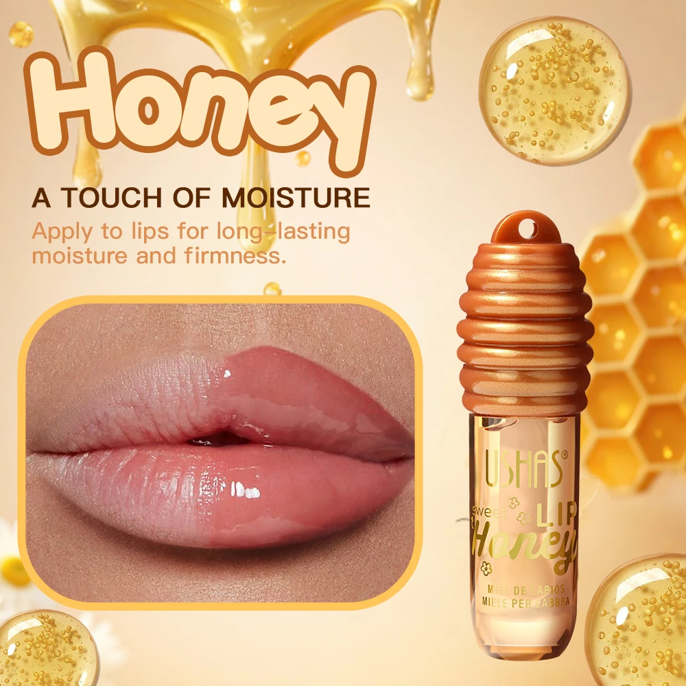 USHAS Honey Lip Oil With Cute Bead Keychain Deeply Hydrating Fade Lip Lines Glossy Plumping Portable Lip Care Essence
