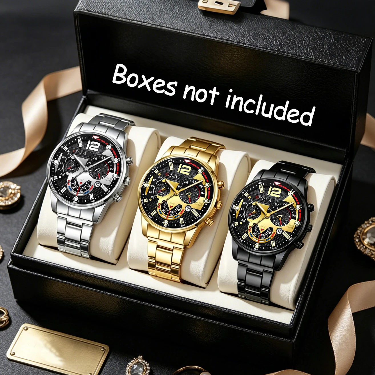 Men's Geneva Watch Set 3 Models Luxury Chronograph Quartz Wristwatch Stainless Steel Strap Men's Business Casual
