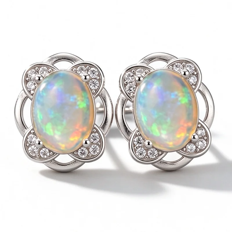 1Pair 6×8mm Natural Opal S925 Sterling Silver Stud Earrings | Sparkle | Elegant | Thanksgiving Halloween Christmas Gifts