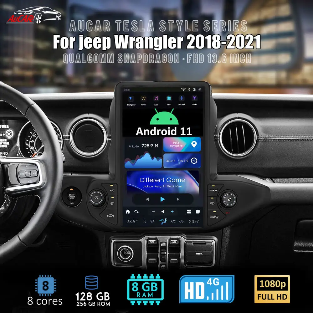 AuCar Tesla Style 13.6 Inch Car Radio Android 11 Head Unit GPS Navi For Jeep Wrangler/Gladiator 2018-2021 DVD Stereo Player