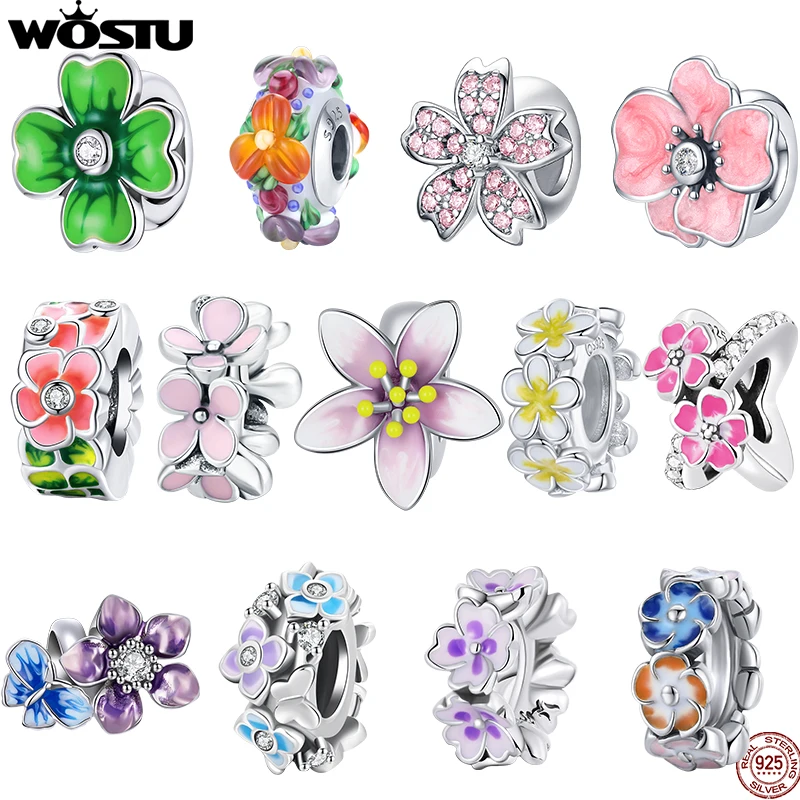 WOSTU 925 Sterling Silver Colorful Cherry Blossoms Charms Pink Flower Beads Fit Original Bracelet Pendant DIY Jewelry Making