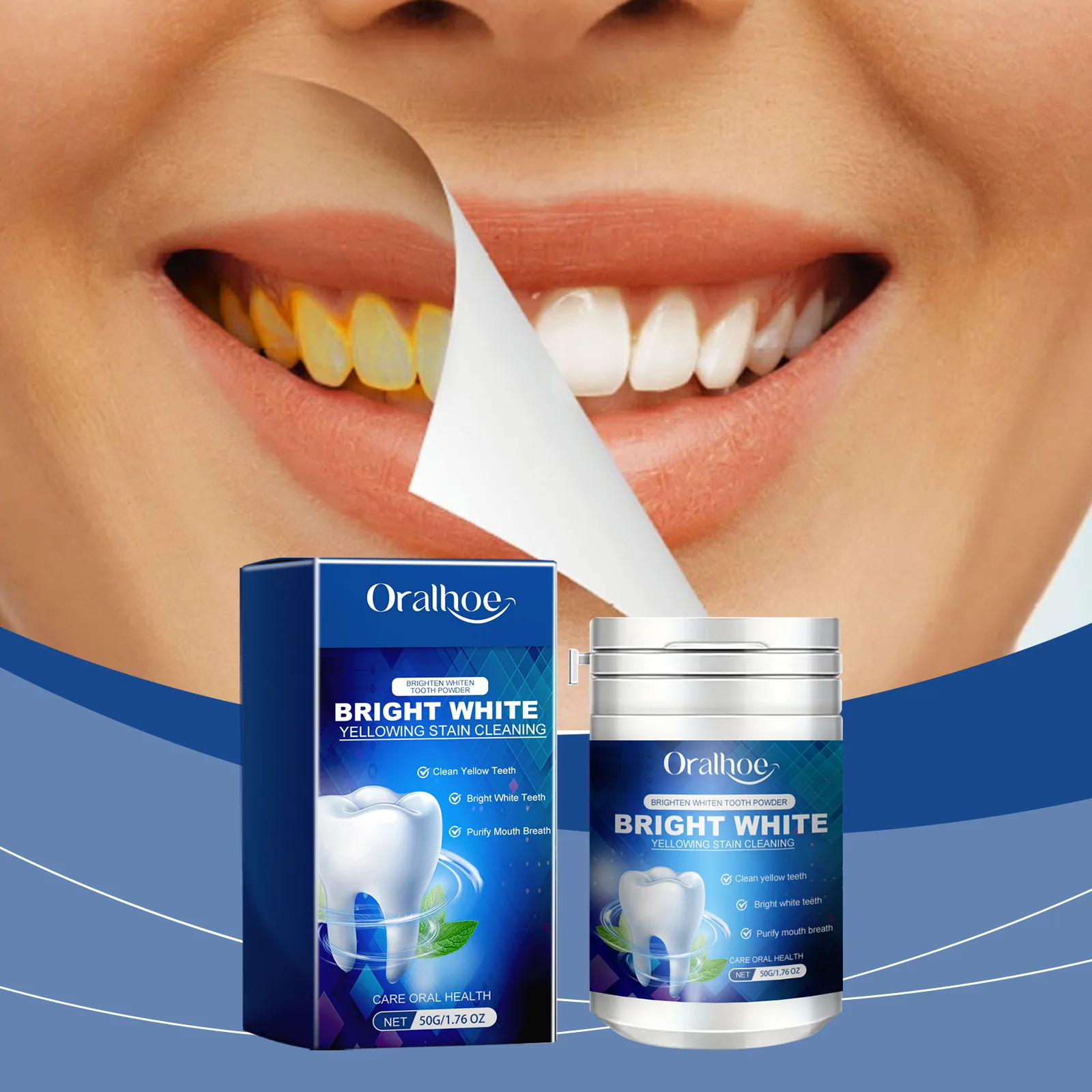 Oralhoe 50g poudre de blanchiment des dents désodorisant pour l'haleine vernis jaune détachant éclaircir la santé bucco-dentaire blanchiment poudre de soin des dents