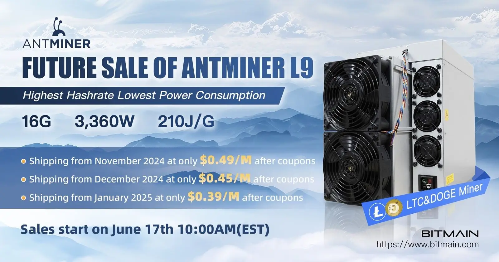 

Промо-предложение Antminer L9 16GH/S 3360W Doge Litecoin LTC Coin Asic Miner