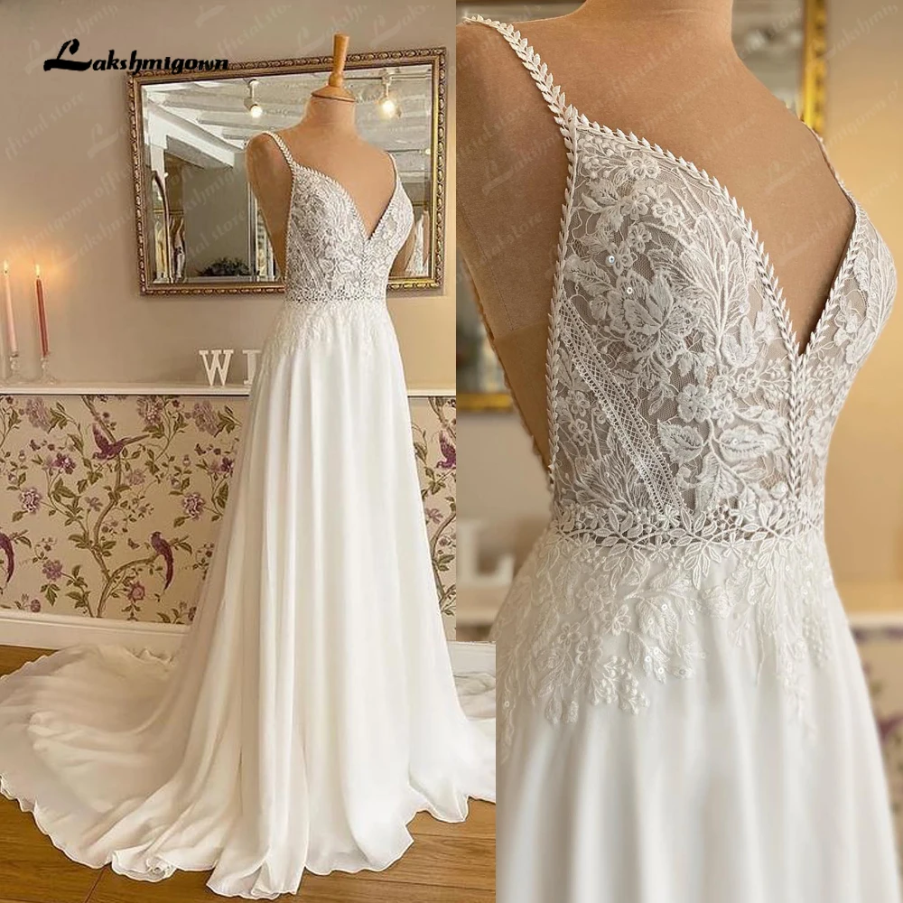 

Lakshmigown Chiffon A Line Beach Wedding Dress Lace Illusion Spaghetti Straps Wedding Gown Sleeveless Open Back Bridal Gown