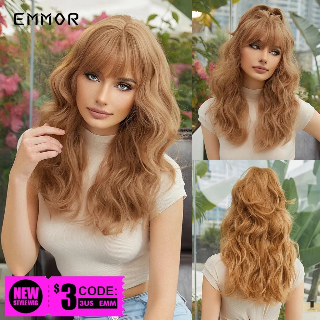 EMMOR-Peluca de pelo ondulado para mujer, pelo sintético de color marrón claro, Natural, medio, largo, con flequillo, resistente al calor, para