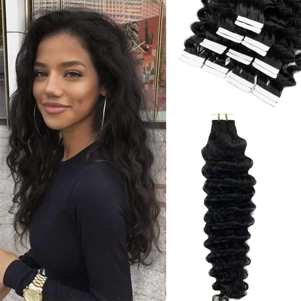 

Tape In Extensions Deep Wave 100% Human Hair Deep Curly Tape on Hair Extensions Skin Weft Remy Natural Hair Extensions