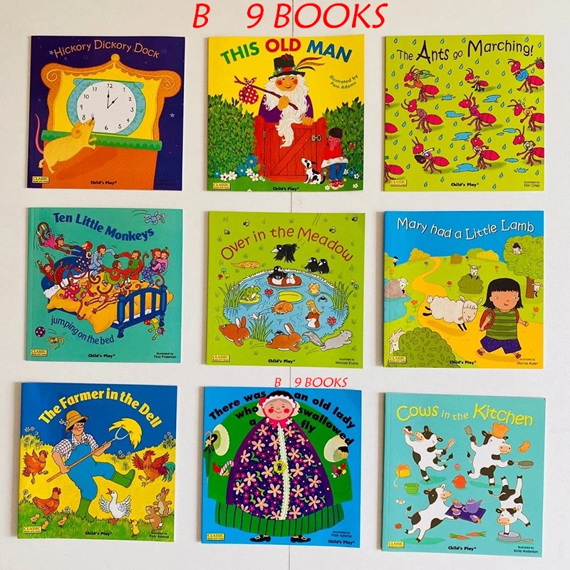 9 books/set classic English picture hole book child's play children's folk rhymes song book kids baby early education book toy