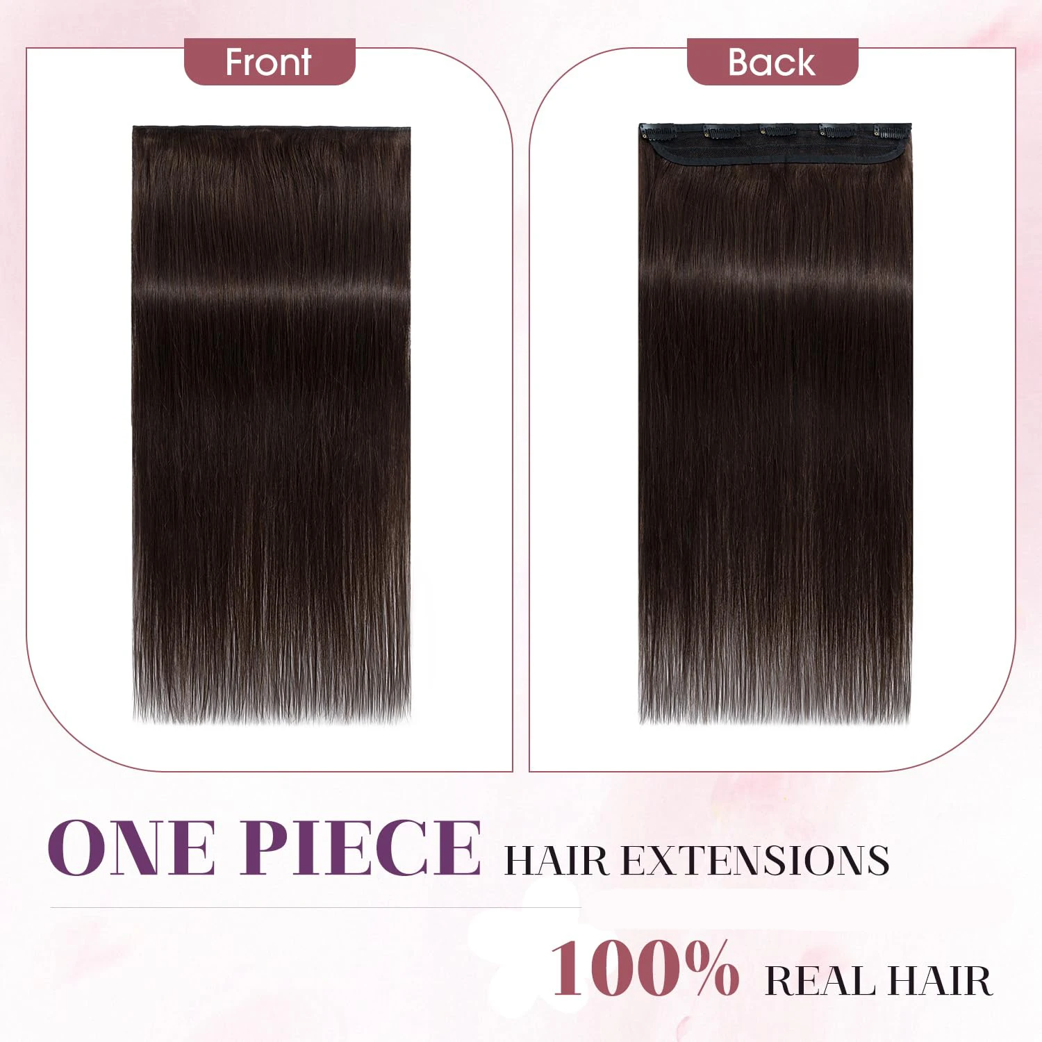 One Piece Dark Brown Clip in Human Hair Extensions 5 Clips 3/4 Full Head Clip on Remy Hair Extension for Women Adding Hair Volum