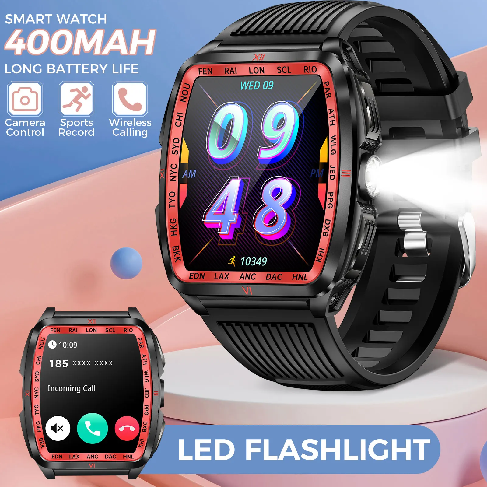 

LaNikar New Military Smart Watch for Men1.8'' HD Barrel Screen 50M Waterproof LED Flashlight Fitness Tracker Heart Rate Monitor