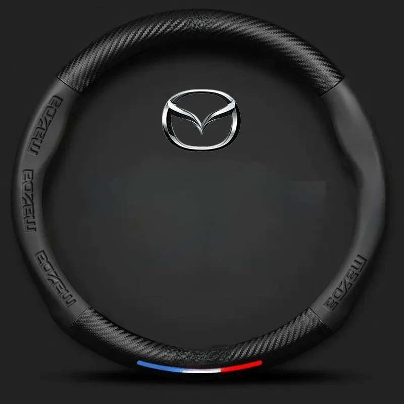 Housse de volant de voiture en cuir et fibre de carbone, pour Mazda 3 5 6 SKYACTIV Axela Atenza CX30 CX5 CX8 CX9 MX5 RX8 RX7 BT50, accessoires