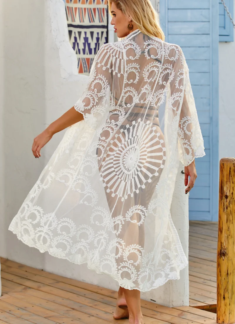 Damska koronkowa narzutka na bikini, sukienka plażowa, kimono, letni kardigan, narzutka na strój kąpielowy, odzież plażowa