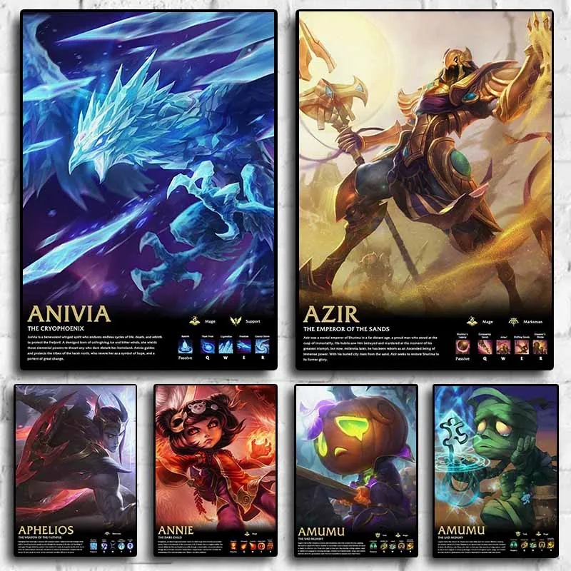 League of Legends Characters Amumu Anivia Annie Aphelios Ashe Aurelion Azir Popular Game Posters Kids Room Decor Posters