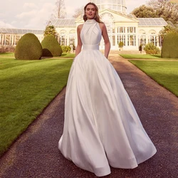 Chic High Neck Sleeveless Wedding Dress Pleat A-Line with Pocket Bridal Satin Custom Made Sweep Train Open Back Marriage Gowns