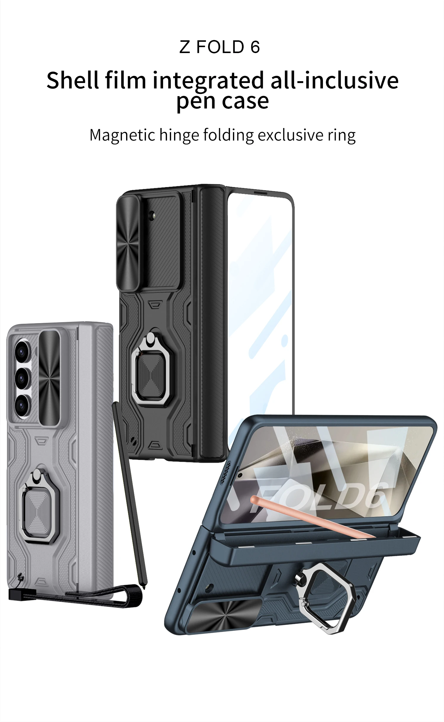 

Luxury Magnetic Phone Case for Samsung Z Fold 6 Case with Pen Slot Armor Shockproof Cover for Galaxy Z Fold 6 Case with Strap