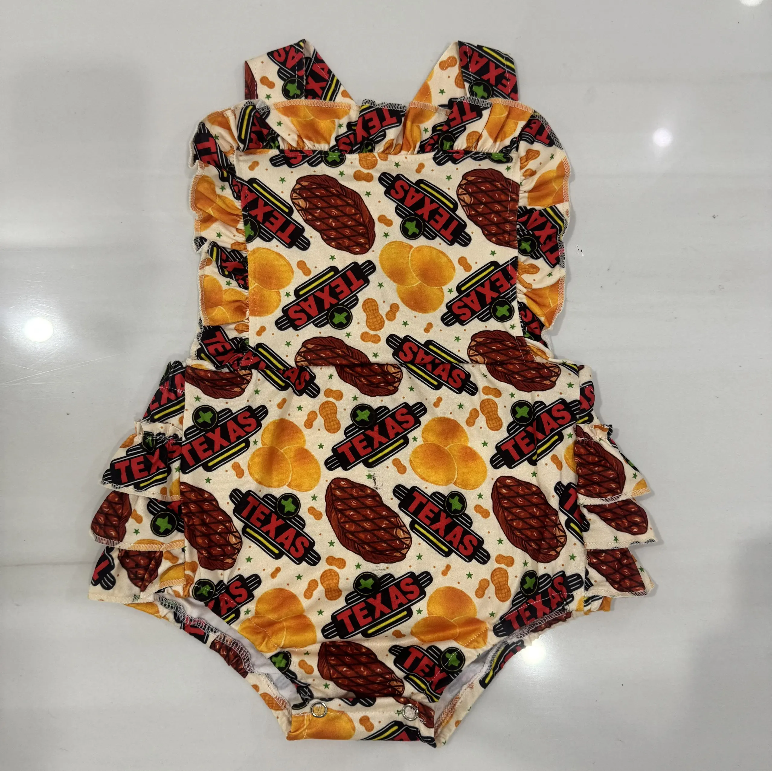 Boutique children's clothing 3-layer ruffled bodysuit Cross buttons at the back gourmet print custom