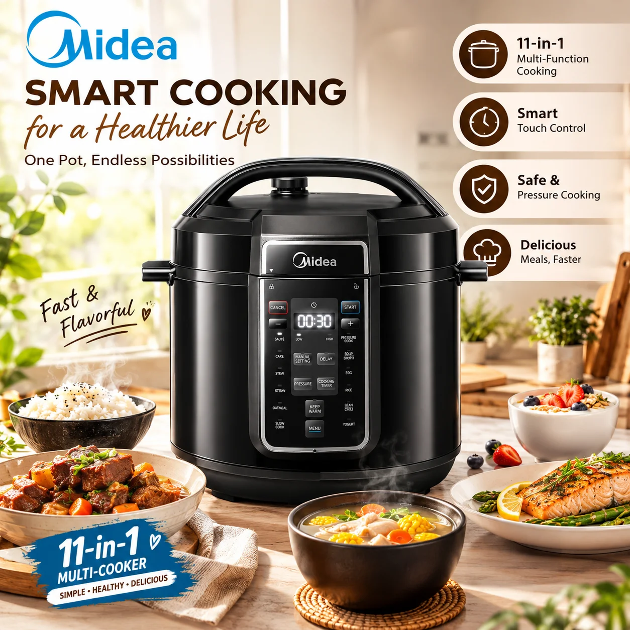Cuisinière à pression électrique Midea Comfee 7,6 L, 1200 W, cuiseur multifonction avec 12 fonctions de cuisson, minuterie de retard de 24 heures et f