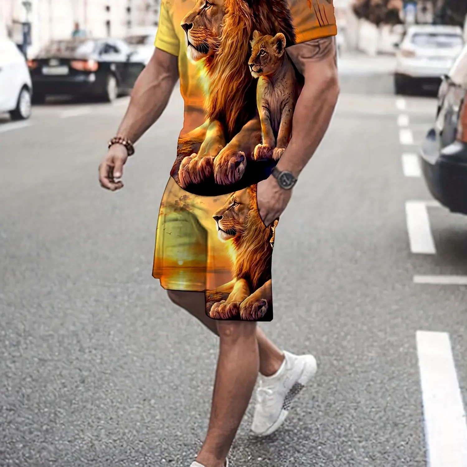 2024 New Men\'s Casual Short Sleeve T-Shirt Fashion Shorts 2-piece Set Lion Print Sportswear Suitable for Summer