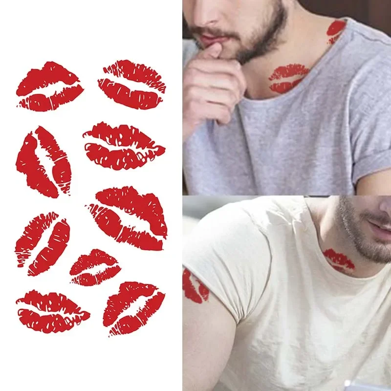 Tatouage temporaire imperméable à l'eau, imprimé lèvres rouges, pour le cou et les bras, faux tatouage réaliste et durable pour hommes et femmes