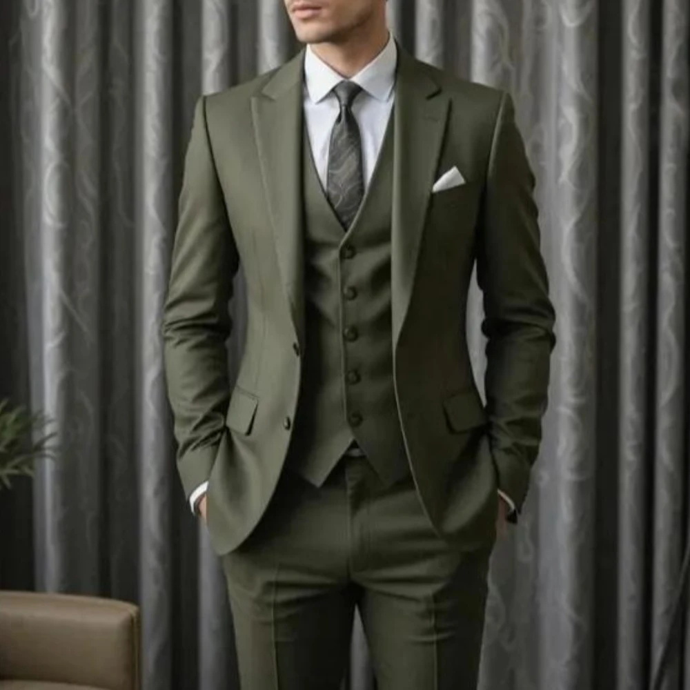 

New Army Green Men Suit Wedding Party Formal Occasion Groom Groomsman Prom Business Male Tuxedos 3 Piece Set Jacket Vest Pants