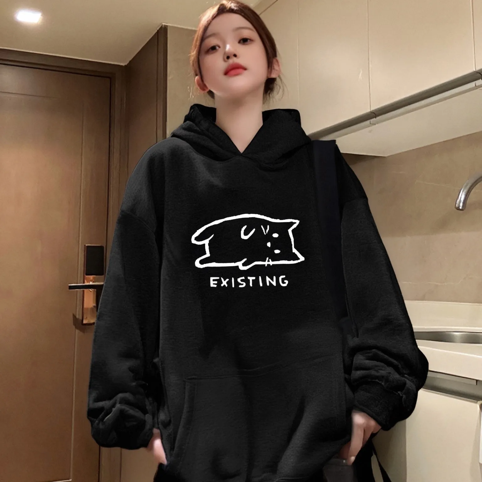 

Lazy Cat Hoodie Existing Cat Pattern Casual Loose Long Sleeved Relaxed Cute Creative Unique Attractive Comfortable Warm Top