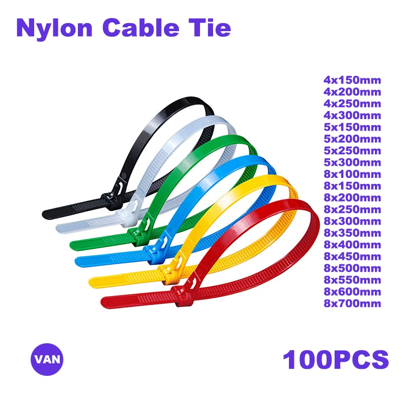 4/5/8mm*150mm/200mm/250mm/300mm/350mm/400mm 100PCS Zip Ties Reusable nylon cable tie color Black and White and  colorful Plastic