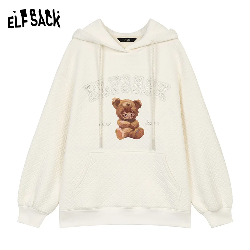 ELFSACK 2024 Winter New Arrivals Cute teddy bear printed white hooded sweatshirt for women composite texture top