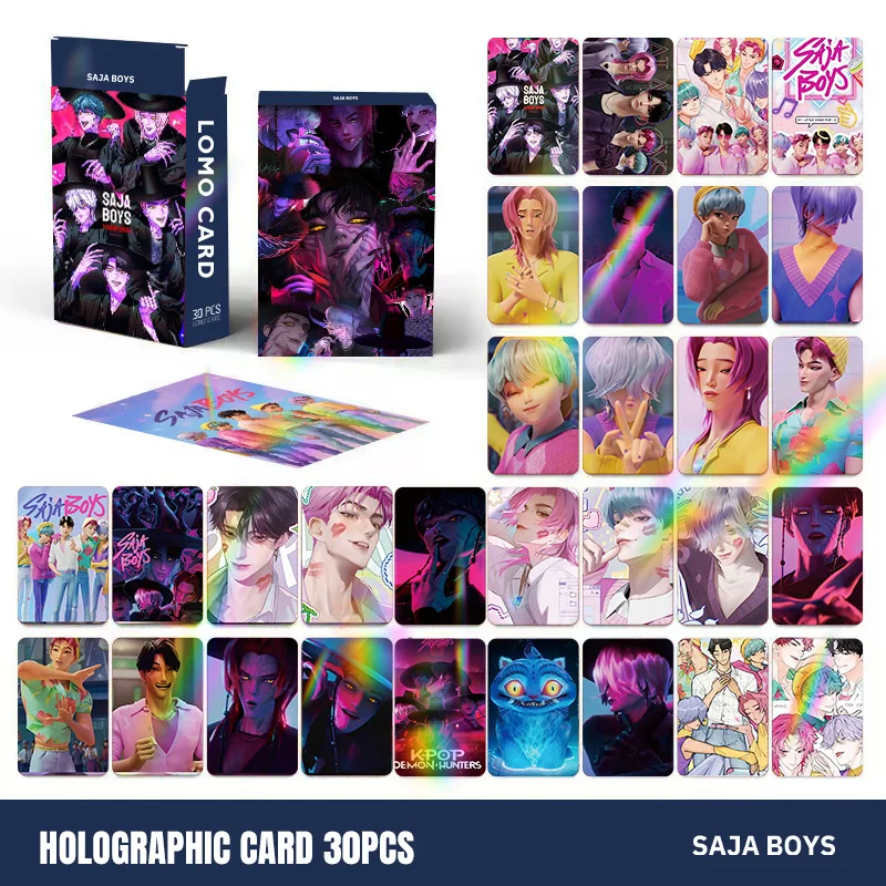 30pcs K-POP Demon Hunters HUNTR/X & Saja Boys Holographic LOMO Cards Set - Double Sided HD Photocards with Stickers, Anime Colle