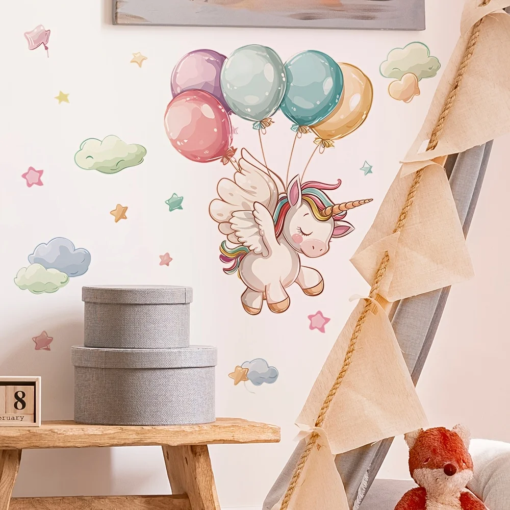 1Pc Dreamy and Sweet Unicorn Balloon Cloud Star Wall Sticker, Self-Adhesive Pvc Home Decor Sticker, Suitable for Cabinets, Living Room, Bedroom, Dining Room, Bathroom, Entryway, Doors and Windows, and Wall Decals, Easily Create a Cozy and Fun Space, a Creative and Thoughtful Gift for Family, Friends, and Loved Ones