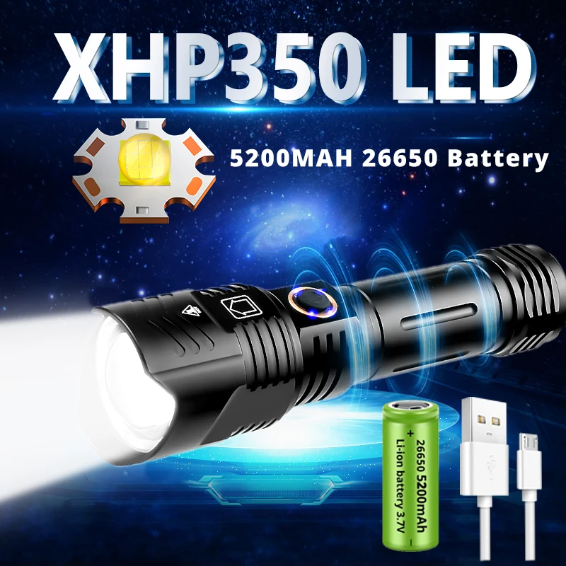 NEW XHP350 Super Bright LED Fashlight with USB Charging Waterproof Lantern 5200MAH 26650/18650 Tactical Zoom Lantern for Camping