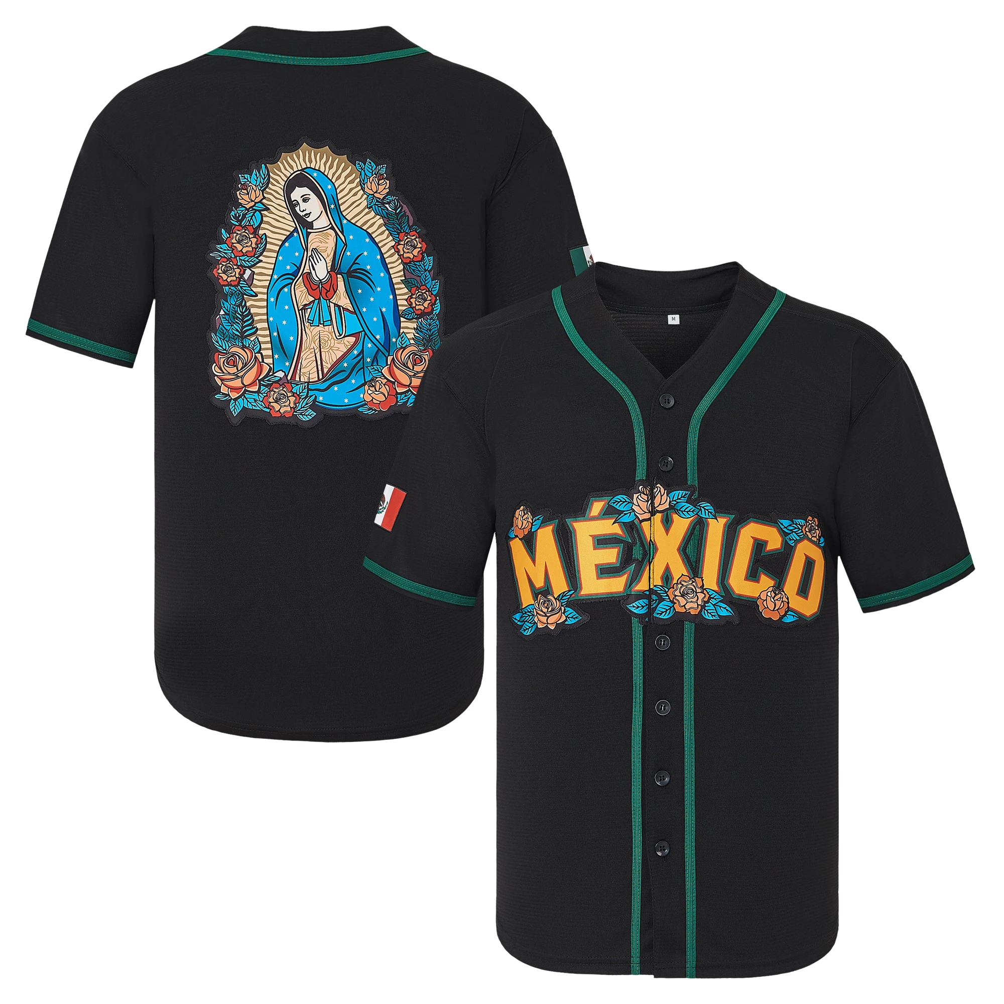 Mexico Guadalupe Embroidered Baseball Jersey,Loose Breathable Soft Comfort V-Neck Top,Stitching,Gift for Game Day