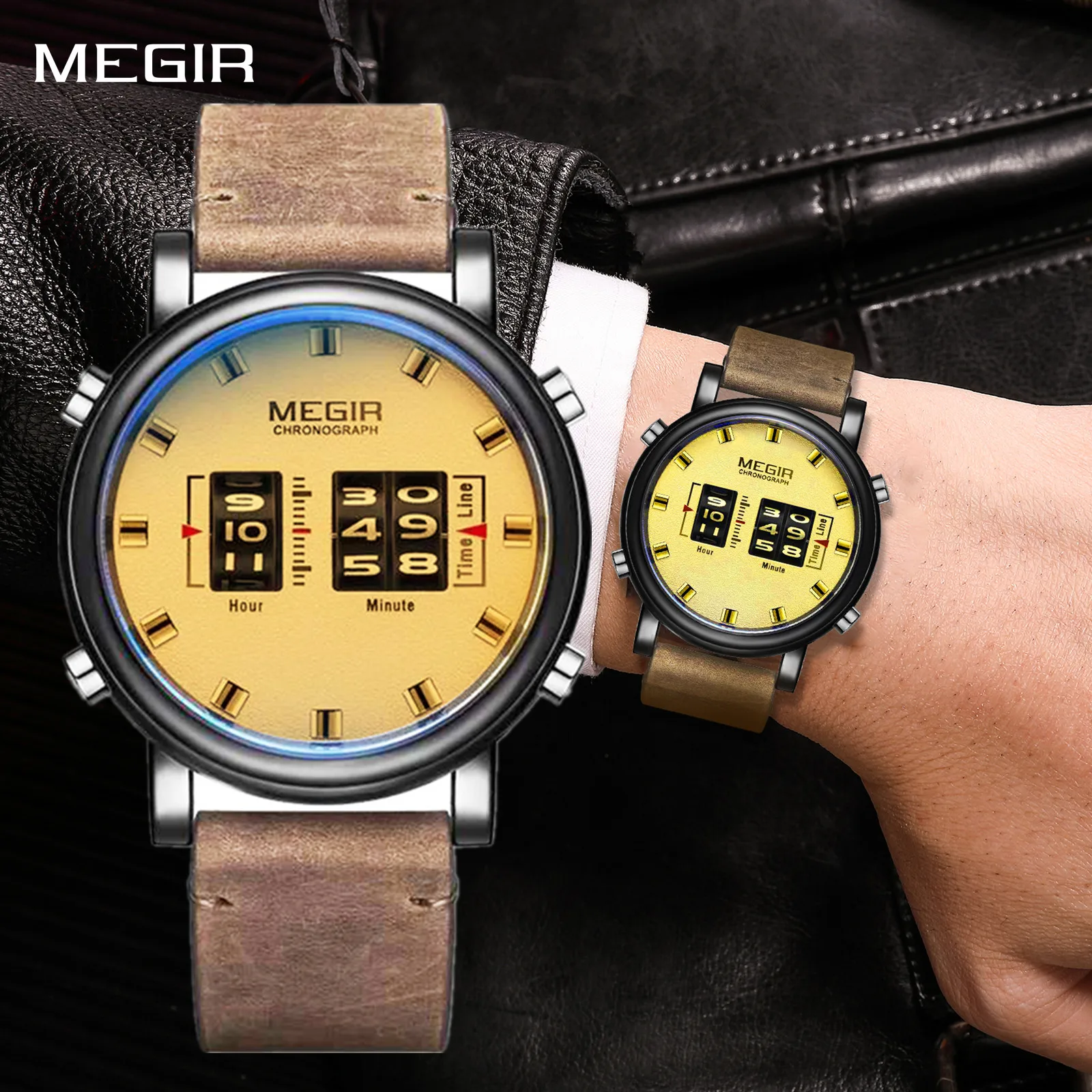Montres de sport militaires MEGIR pour hommes, bracelet en cuir, mouvement à quartz, montres-bracelets étanches, décontractées, grand cadran.