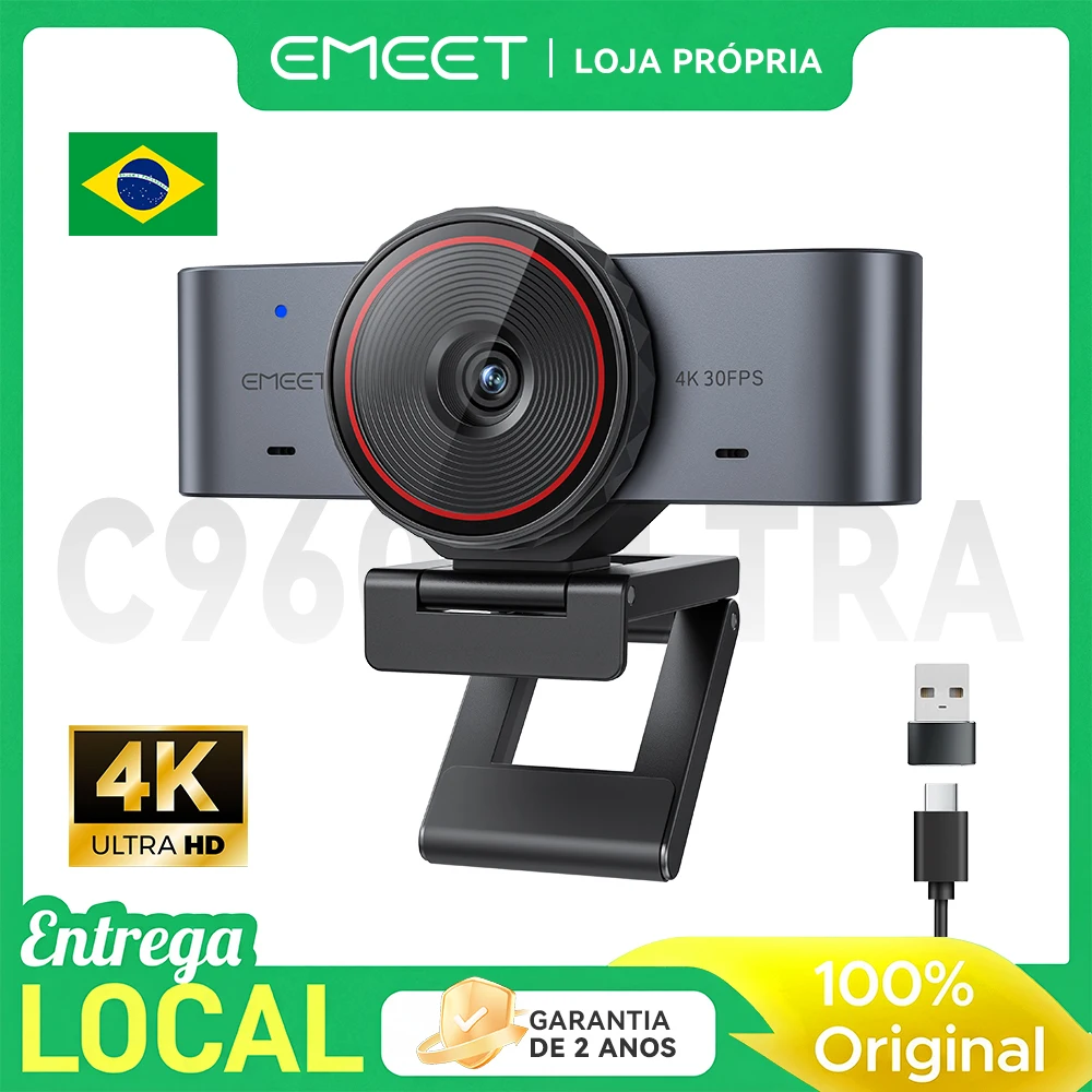 Webcam EMEET C960 Ultra 4K para Mac e PC, sensor grande de 1/1,5", corpo em metal, foco automático, DRC, tampa de privacidade e 2 microfones integrados, webcam USB 4K para reuniões, streaming e criação de conteúdo