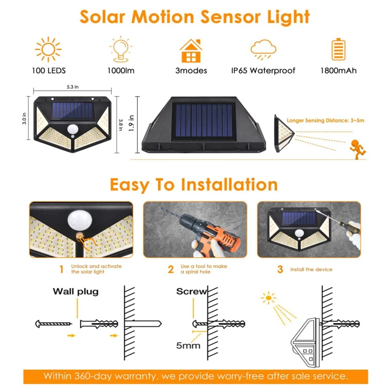 Outdoor Solar Sensor Motion Light, lâmpada sem fio, IP65 impermeável parede luzes, 3 modos, 100 LED, mais novo