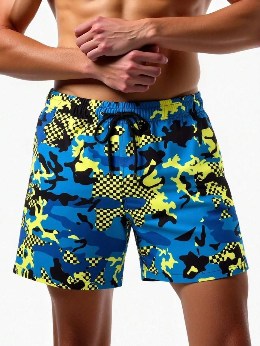 

Men's Blue Yellow Camo Checkerboard Print Swim Trunks Quick Dry Breathable Beach Shorts Anti-Wrinkle Drawstring Bathing Suit wit