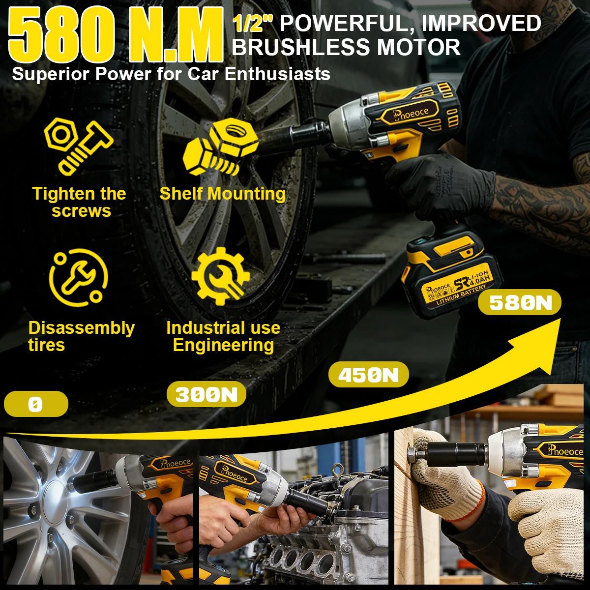 580N.m High Torque 1/2 Inch Cordless Impact Wrench Kit, 20V Brushless Electric Impact Gun Compatible with Makita Battery, with 4.0Ah Battery Charger Socket Set for Car Wheel Removal
