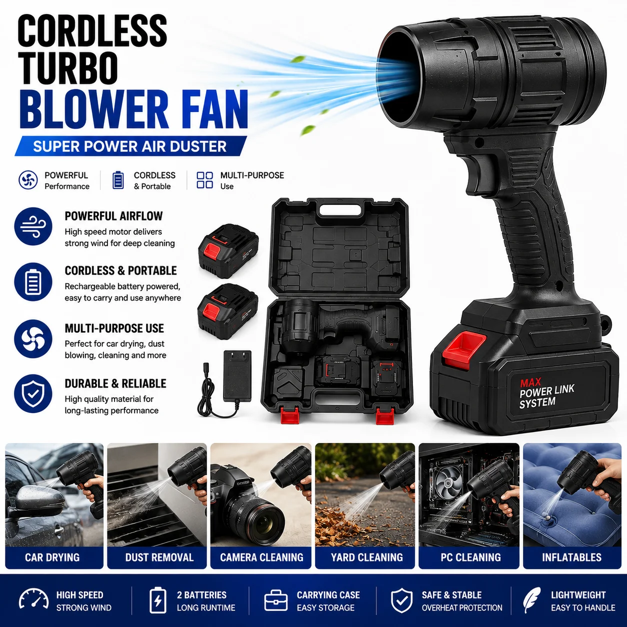 Cordless Turbo Blower Fan High Power Mini Air Duster Rechargeable Handheld Jet Fan For Car Drying Cleaning Dust Removal