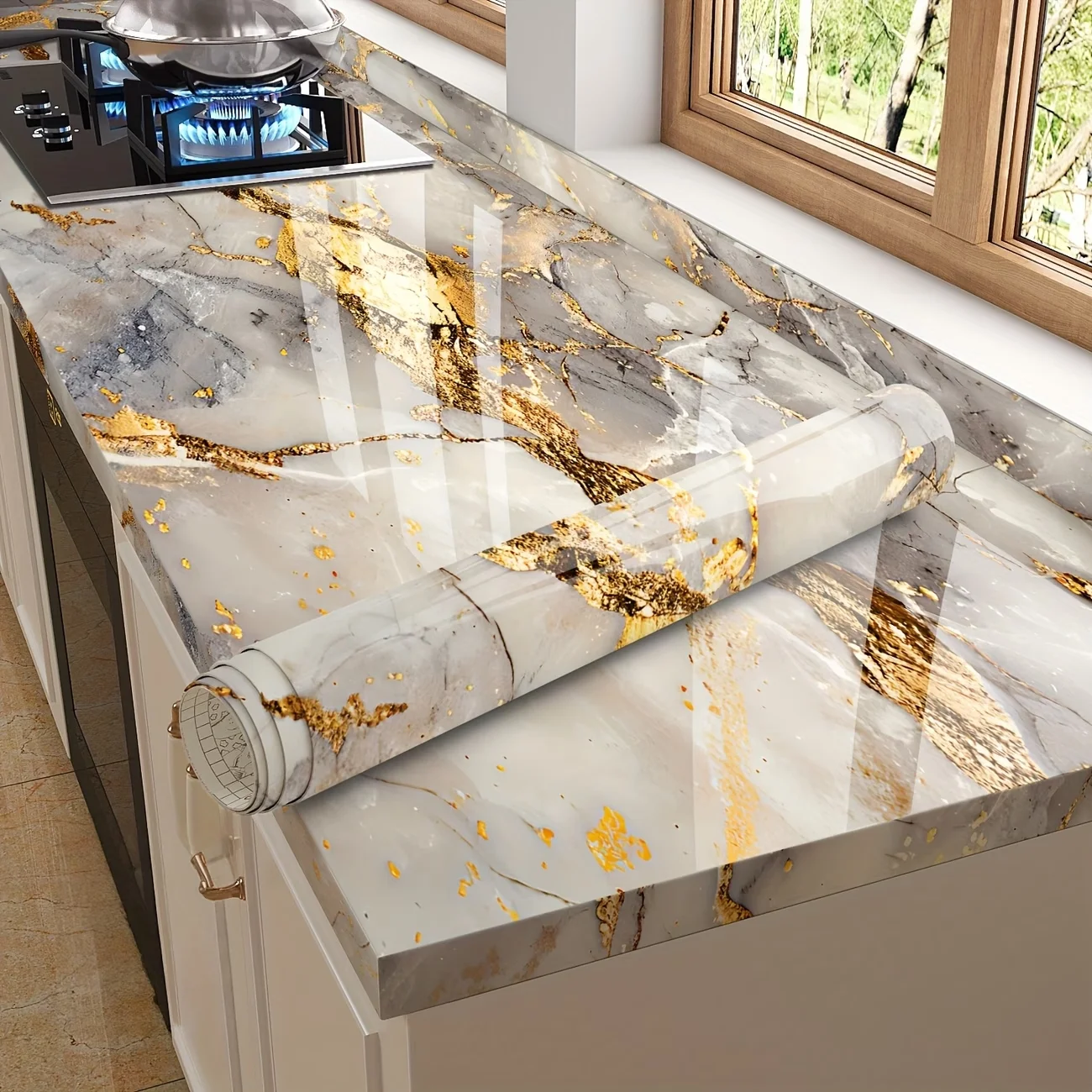 Oil-Proof And Waterproof Self-Adhesive Kitchen Wallpaper An Easy-To-Clean Faux-Marble Film Suitable For Countertop And Wall.