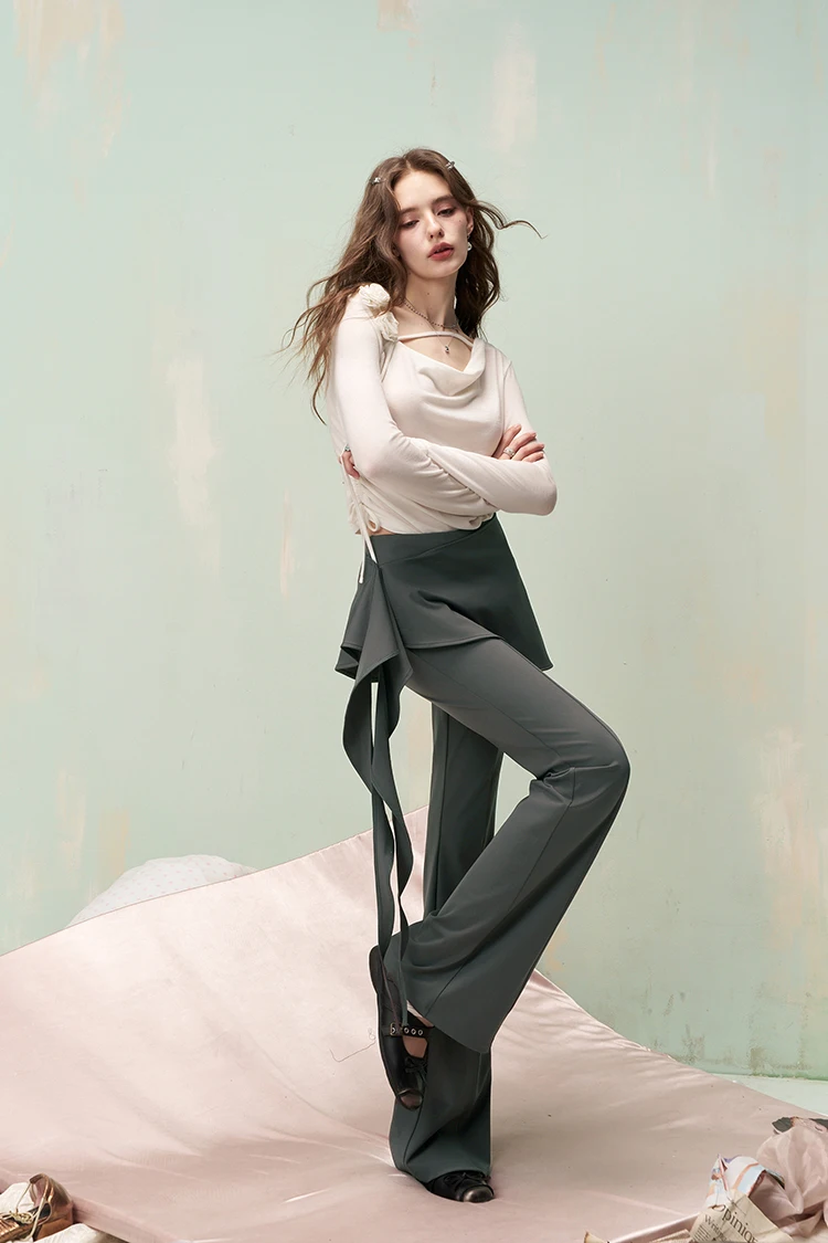 ELFSACK Y2K Flare Pants with Detachable Front Skirt, Stretchy Knit Sweet Trousers, Casual Streetwear Bottoms for Women