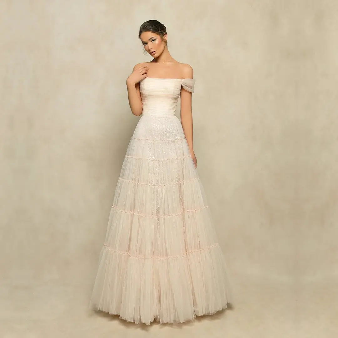 

Elegant Ivory Prom Dresses Floor Length Long Women Party Gowns Off The Shoulder Formal Outfit Evening Dress