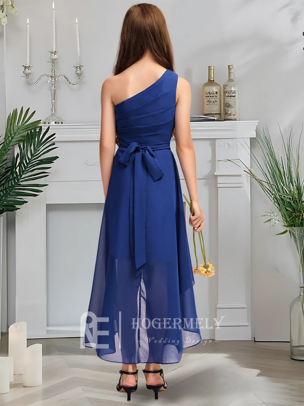 B crianças criança um ombro júnior vestido de dama de honra antigo lavanda flor menina vestido assimétrico chiffon com arco em cascata