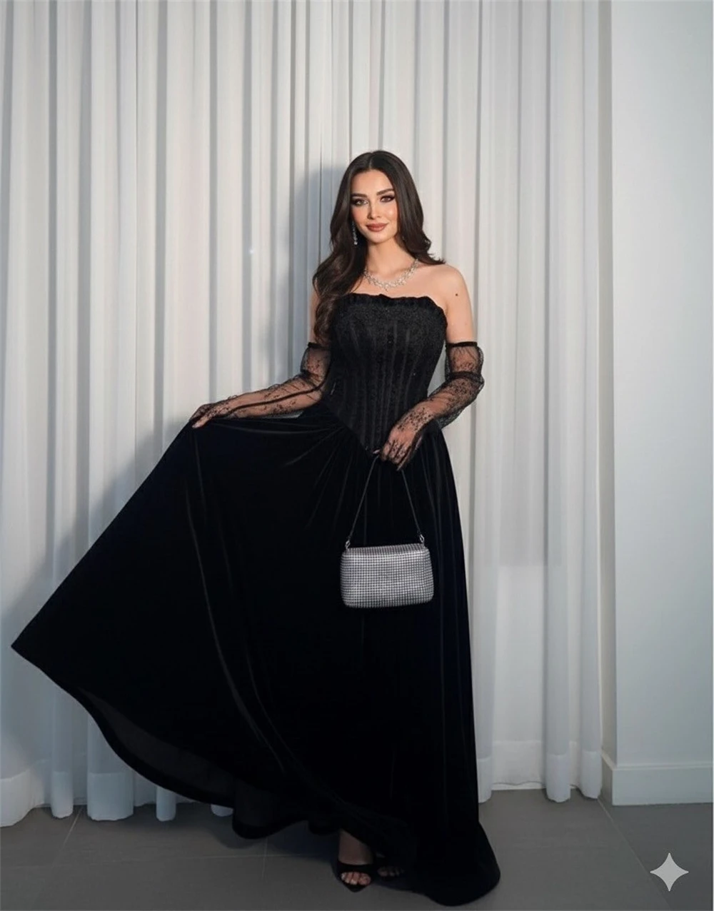 Sansa op maat gemaakte glanzende pailletten A-lijn strapless met handschoenen galajurk mouwloos vestidos de noche vloerlengte formele avond