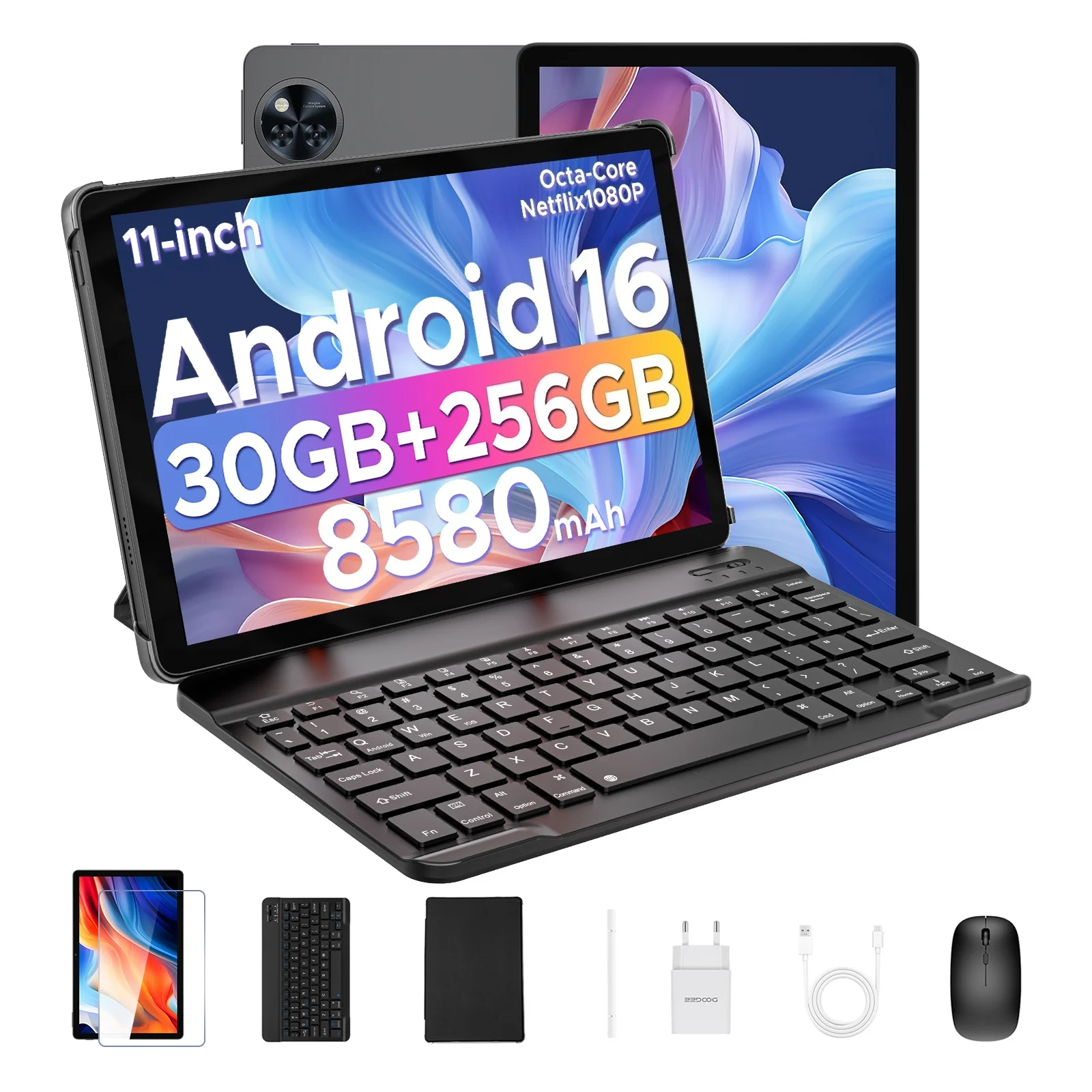 DOOGEE U11 Pro Tablet 11 Pulgadas Android 16, 30GB(6+24) 256GB, Pantalla HD de 11" y 90Hz, Unisoc T7200 octa-core, Batería de 8580mAh, 13+5MP, Widevine L1 tablet con teclado y lapiz