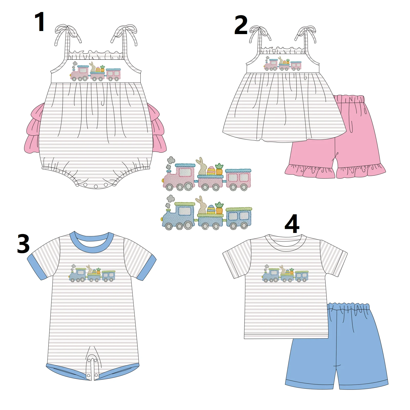 Easter collection Cute bunny print  stripe Boys girls short sleeve suit baby onesie Sibling outfit